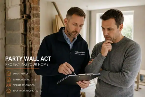 Party wall surveyor Leighton Buzzard discussing extension plans with homeowner outside a UK semi-detached house.